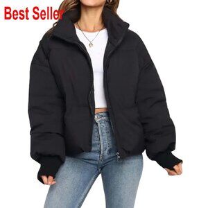 Cropped Puffer Jacket Quilted Winter Coat Stand Collar Zippered Pockets Chic